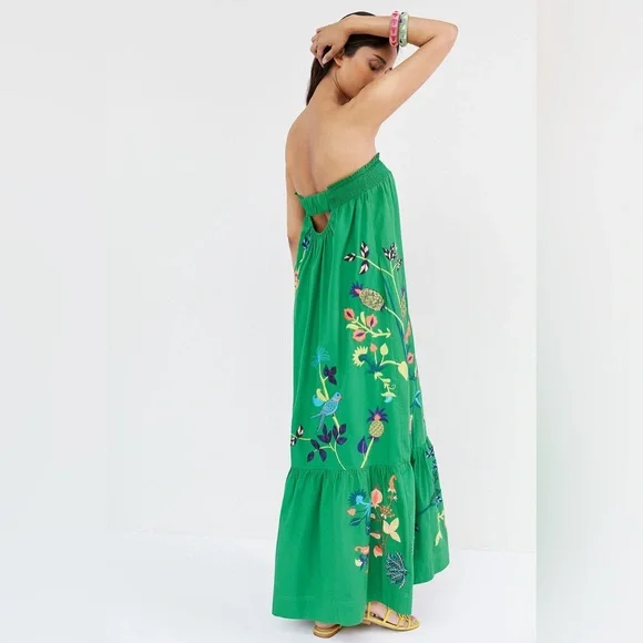 Anthropologie Embroidered Floral Green Strapless Ruffled Maxi Dress Size Medium - Picture 3 of 11